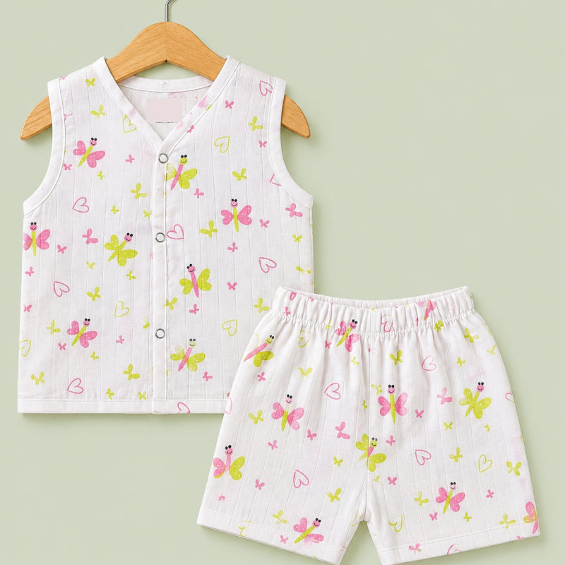Baby Set - | Muslin Jabla shorts set ( Half sleeve) | Green pink butterfly