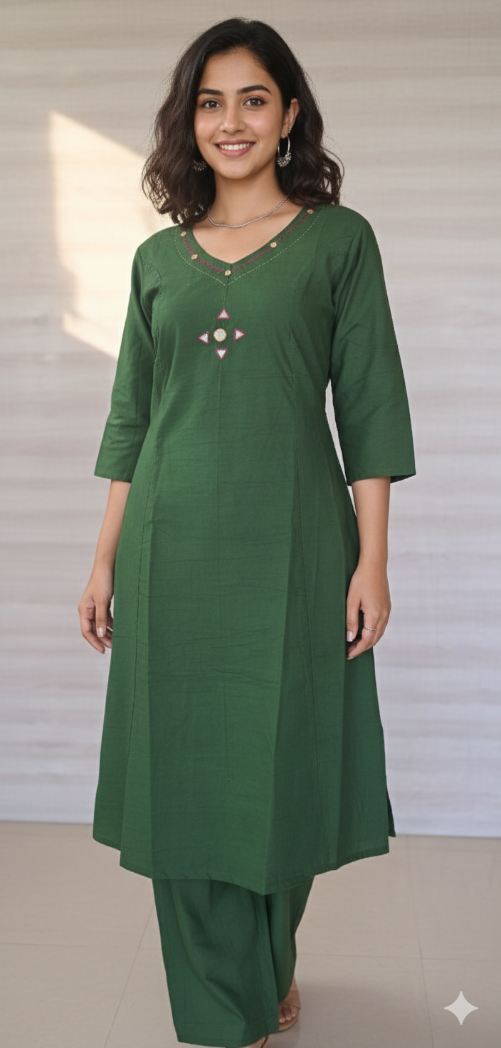 Women kurti with pant | A line cut |Green kurti with mirror work embroidery