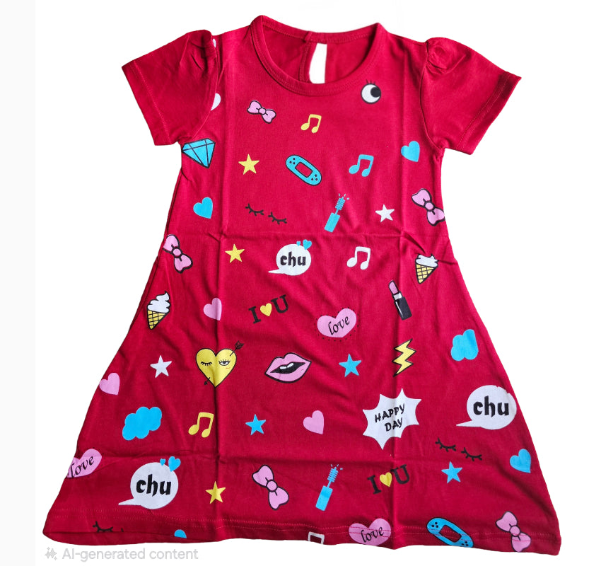 Cotton A Line Frocks | Red I love u
