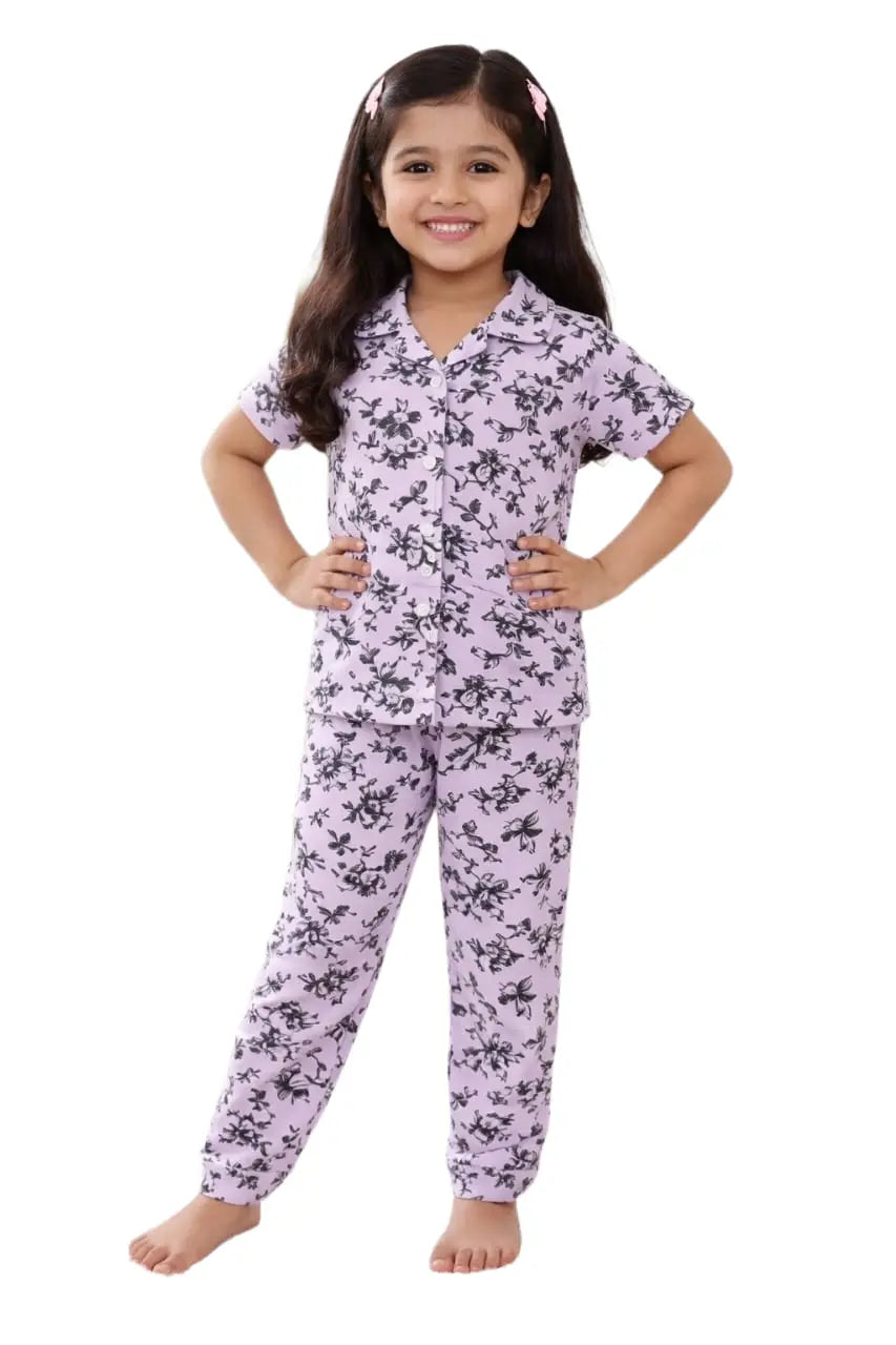 Kids Night Pant Set | Purple with flowers print