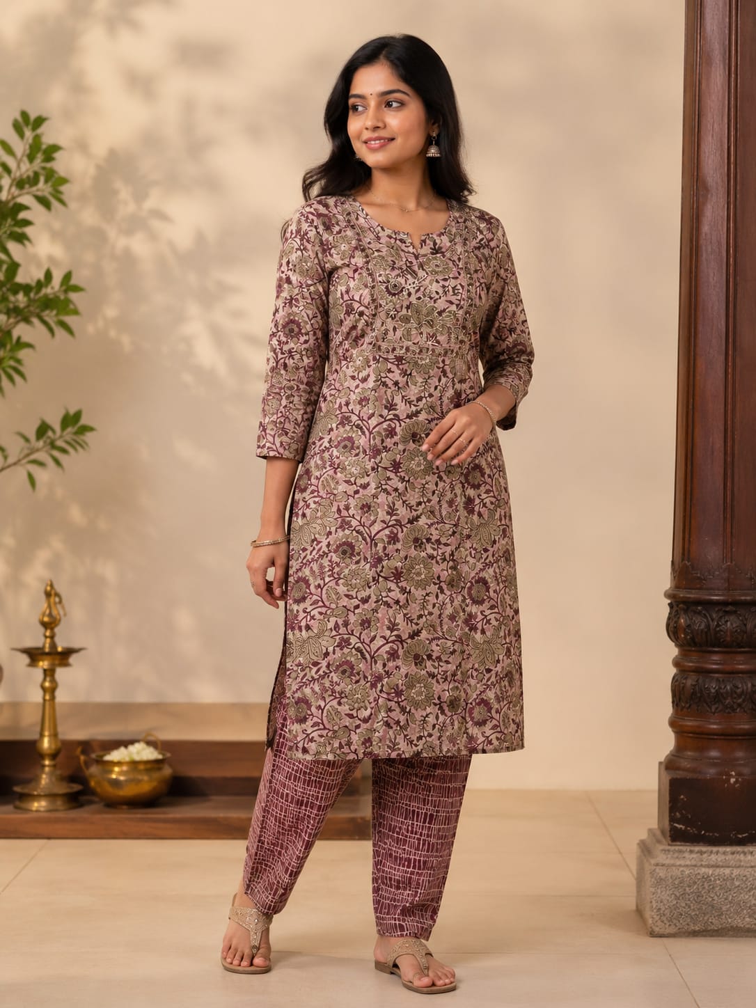 Women kurti with pant | Premium quality Magenta floral with yoke zari work