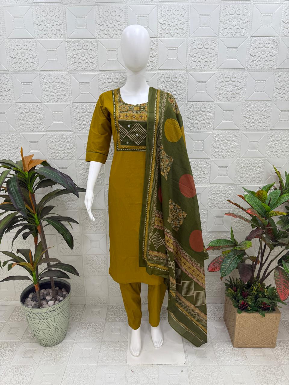 Women kurti with pant and dupatta |Mustard with Green color 3 piece sets | Dabuset