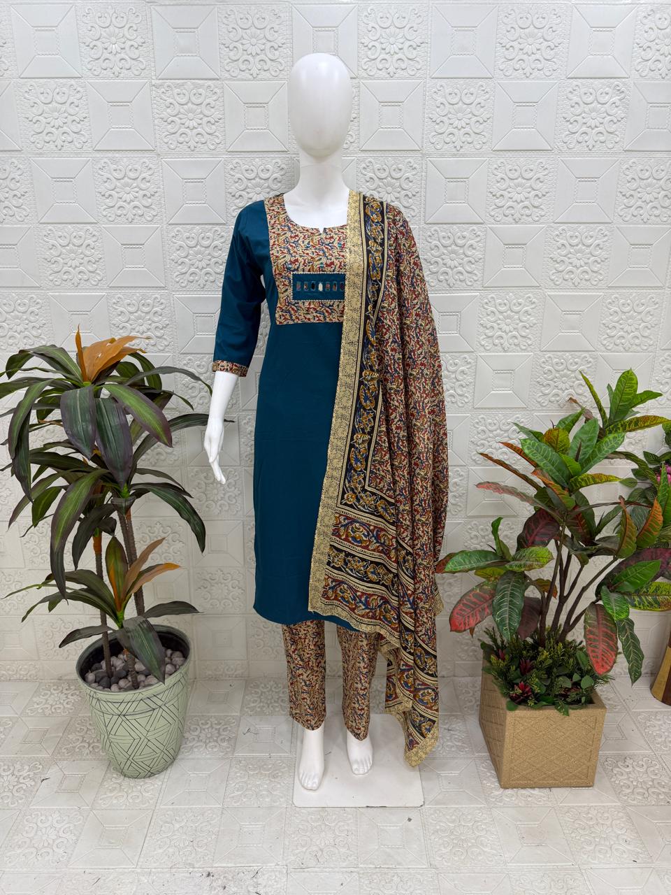 Women kurti with pant and dupatta |Peacock Blue kalamkaari sets | Dabuset