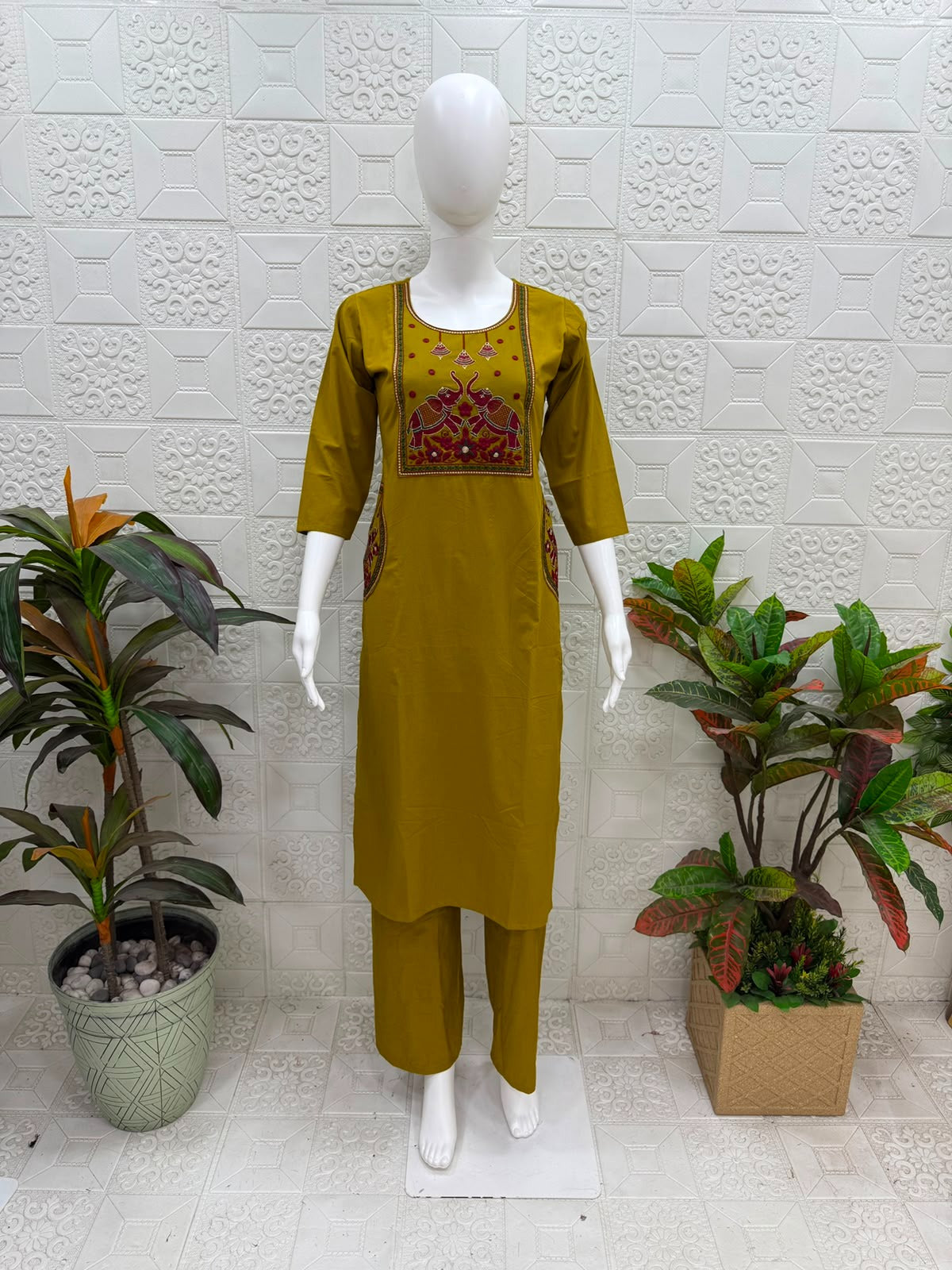 Women kurti with pant | Mustard Embroidery sets | Dabuset