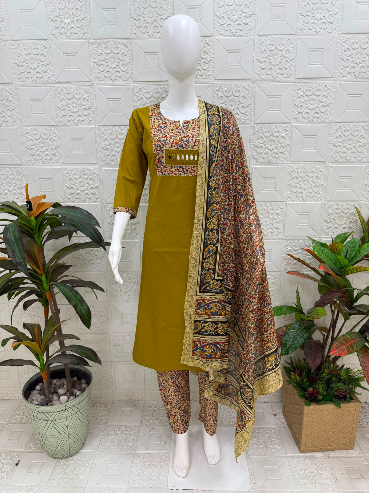 Women kurti with pant and dupatta |Mustard kalamkaari sets | Dabuset