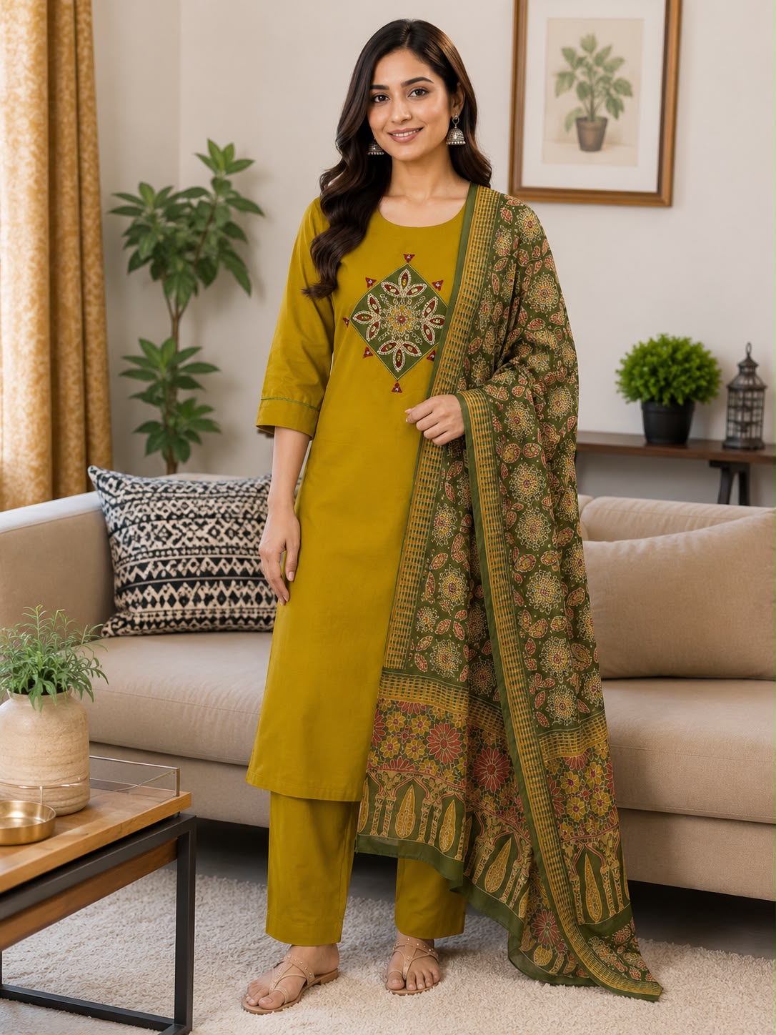 Women kurti with pant and dupatta | Mustard Yellow with Green yoke | DABUSET