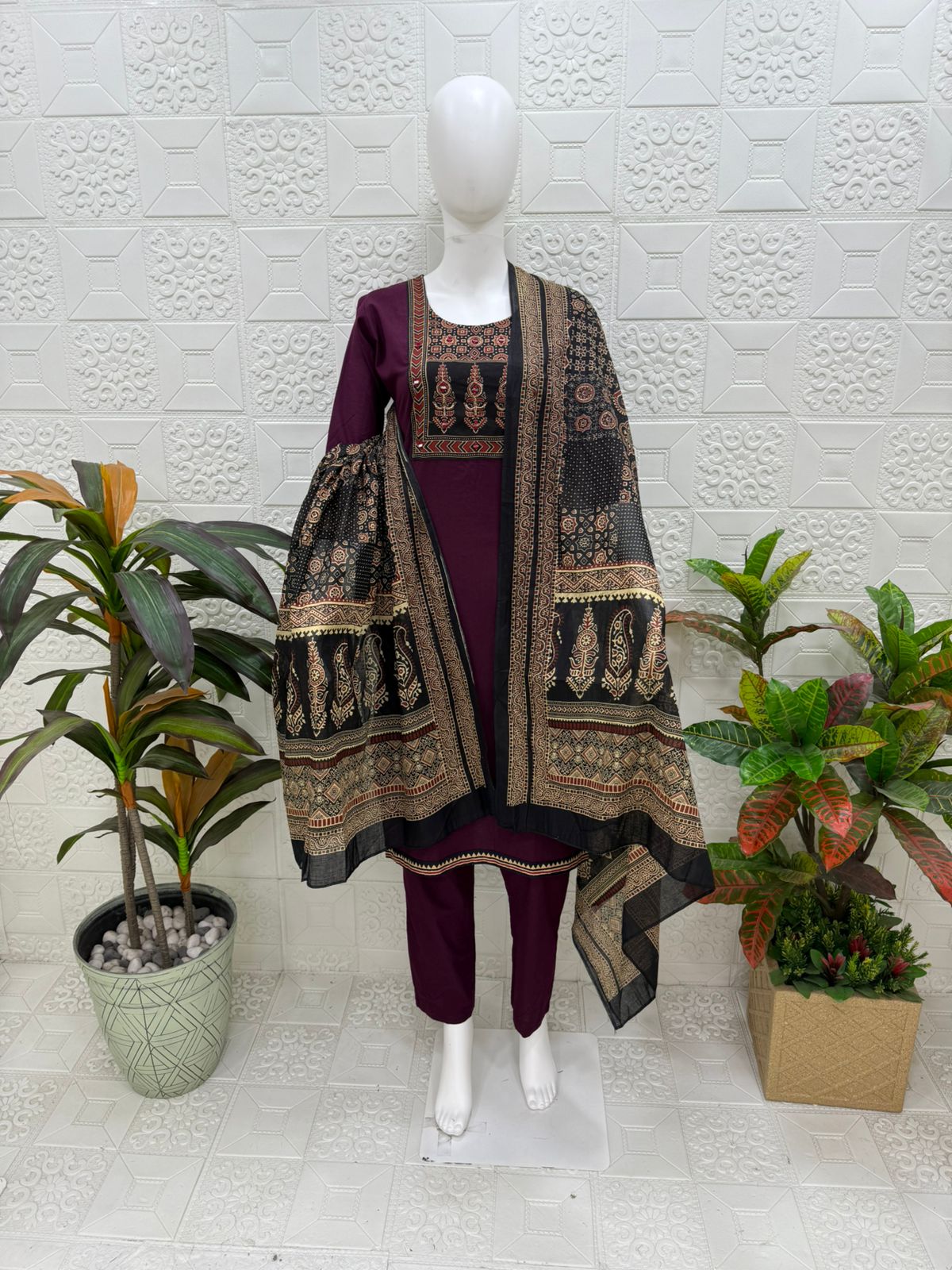 Women kurti with pant and dupatta | Rich Wine print sets | DABUSET