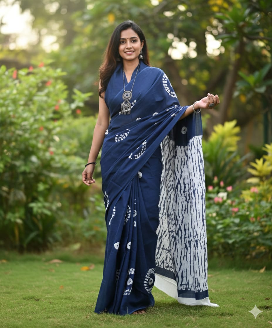 Mul Mul Cotton Saree | Round bhutta in Navy