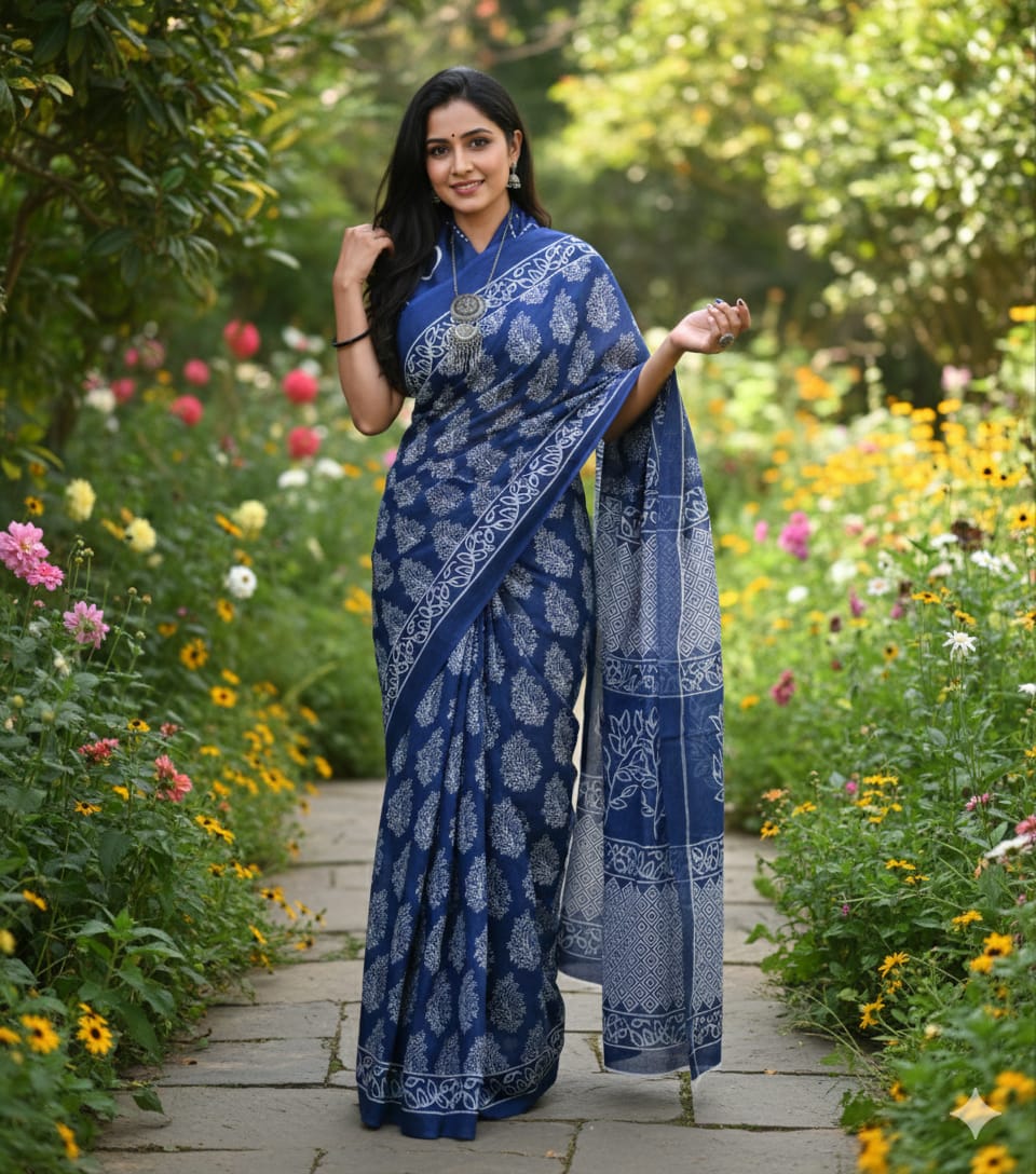 Mul Mul Cotton Saree | Tree bhutta in Navy