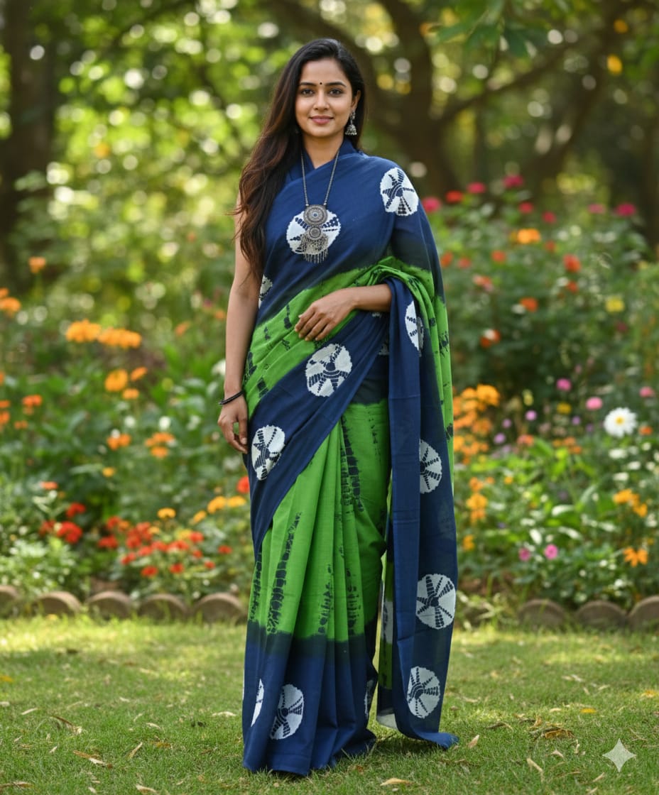 Mul Mul Cotton Saree | Pista green with navy boder 1