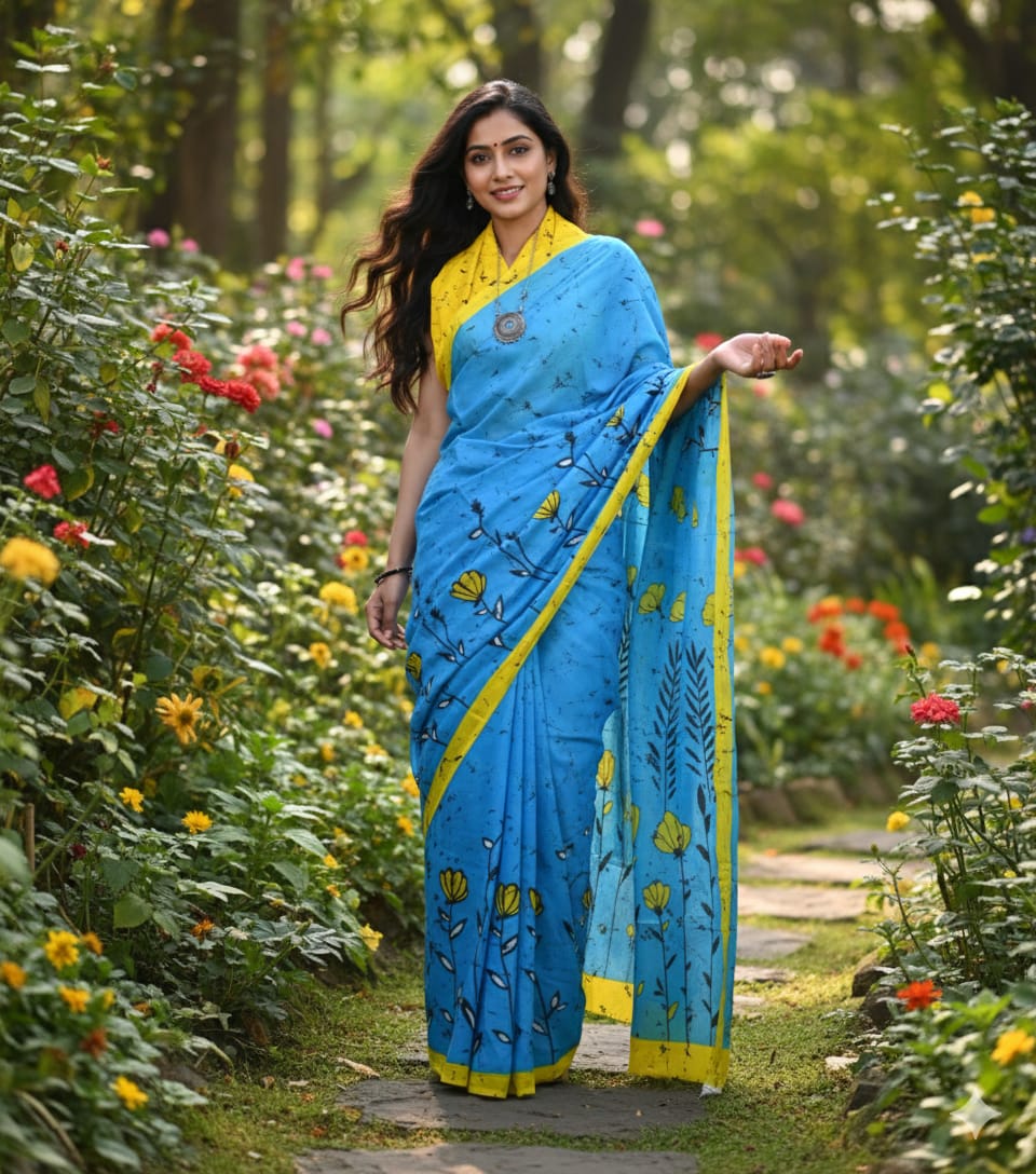 Mul Mul Cotton Saree |Sky Blue with Yellow