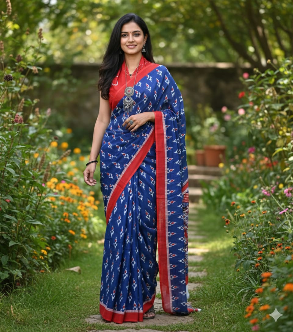 Mul Mul Cotton Saree | Leaf bhutta in white and red 1