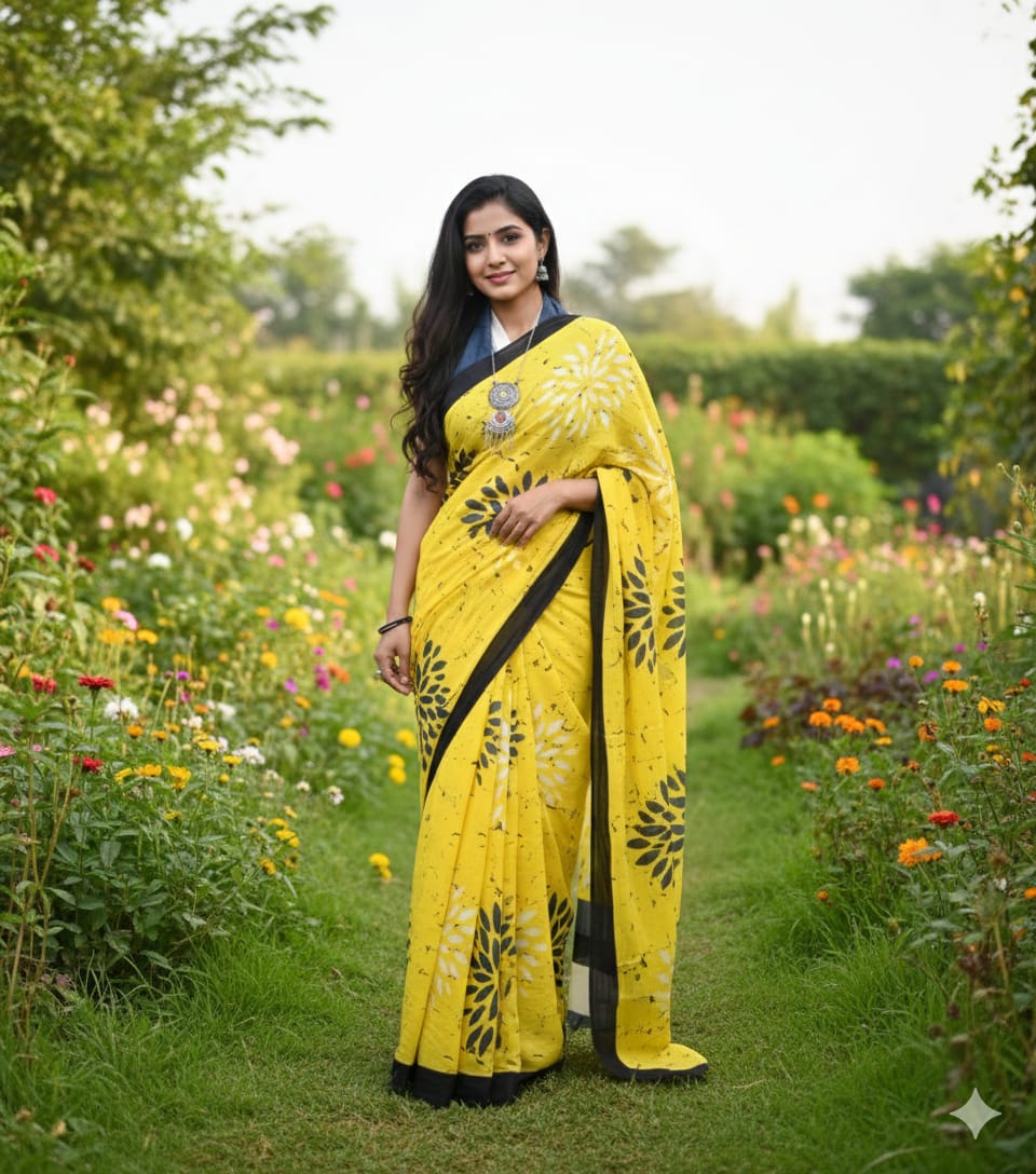 Mul Mul Cotton Saree | Yellow Black flowers
