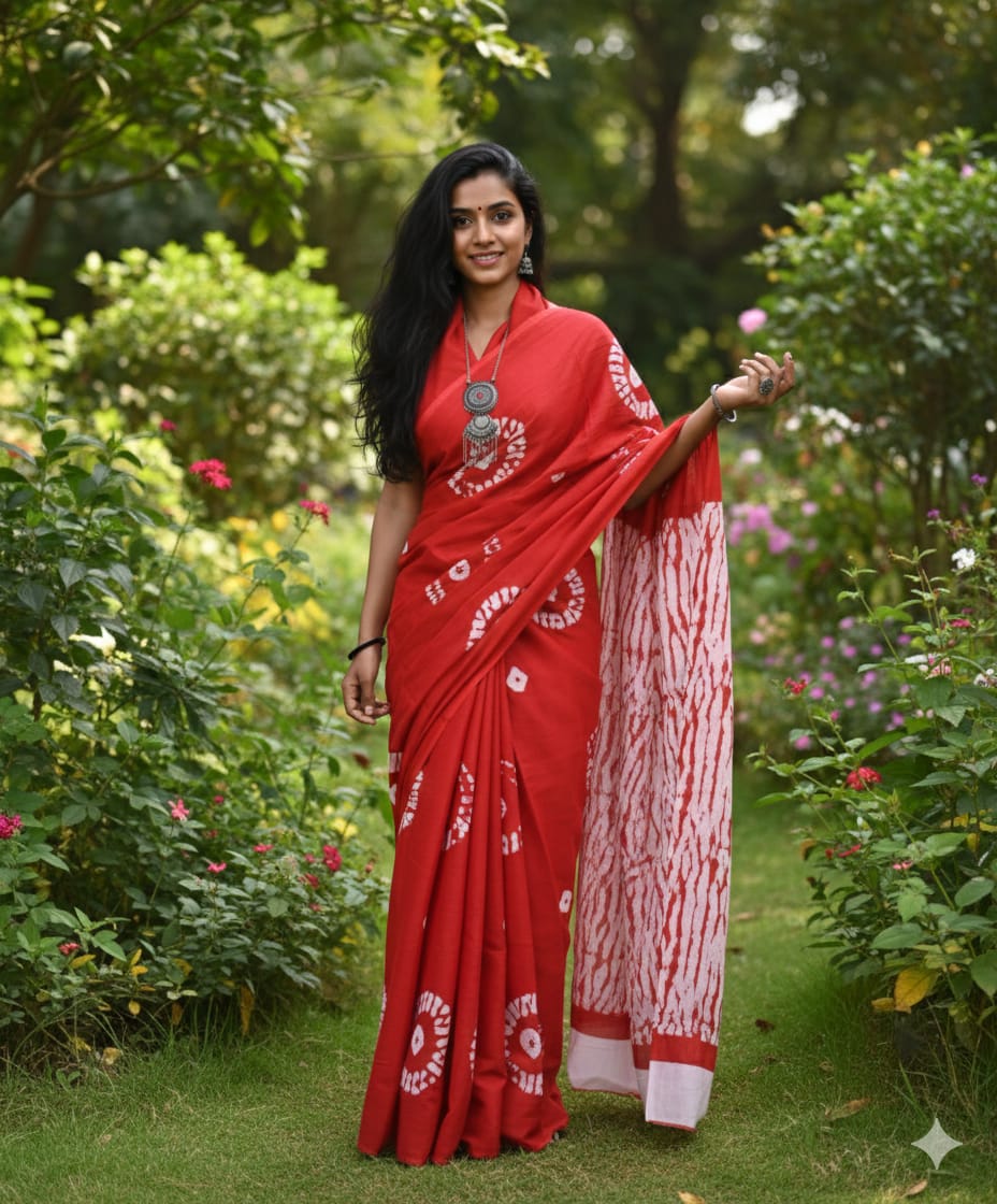 Mul Mul Cotton Saree | Round bhutta in red