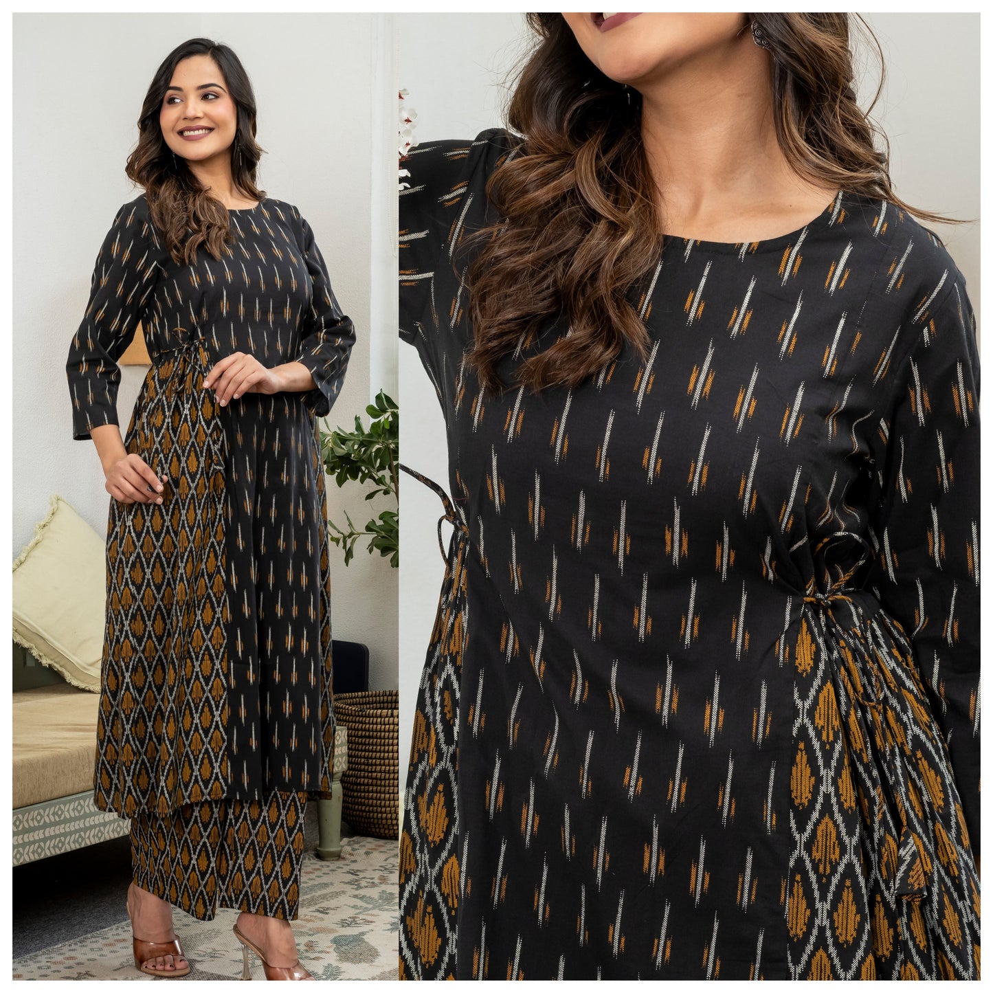 Women kurti with pant | Cotton Dual print Frill Kurti Palazzo set | Black Ikkat | FRILLKURTI