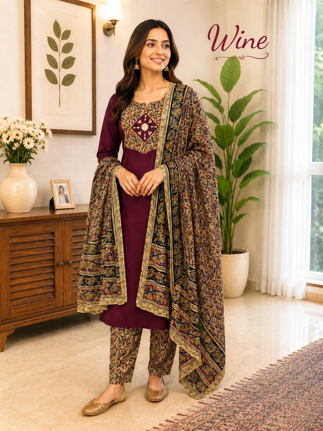 Women kurti with pant and dupatta |Wine kalamkaari sets | Dabuset