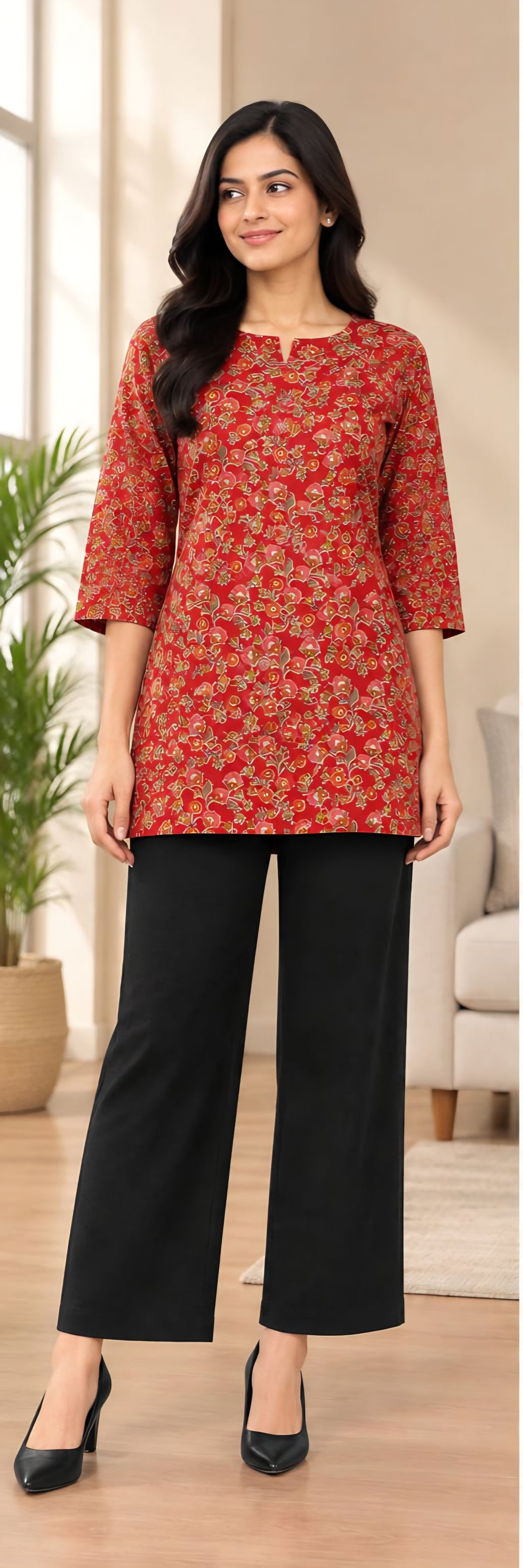 Women's Cotton Short Kurti | Tomato Redish pink printed | Only short kurti
