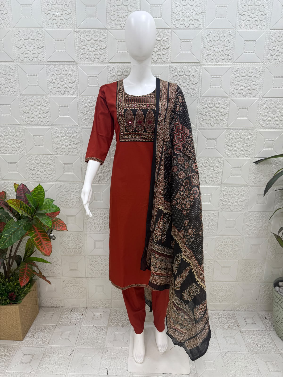 Women kurti with pant and dupatta | Rust Orange print sets | DABUSET