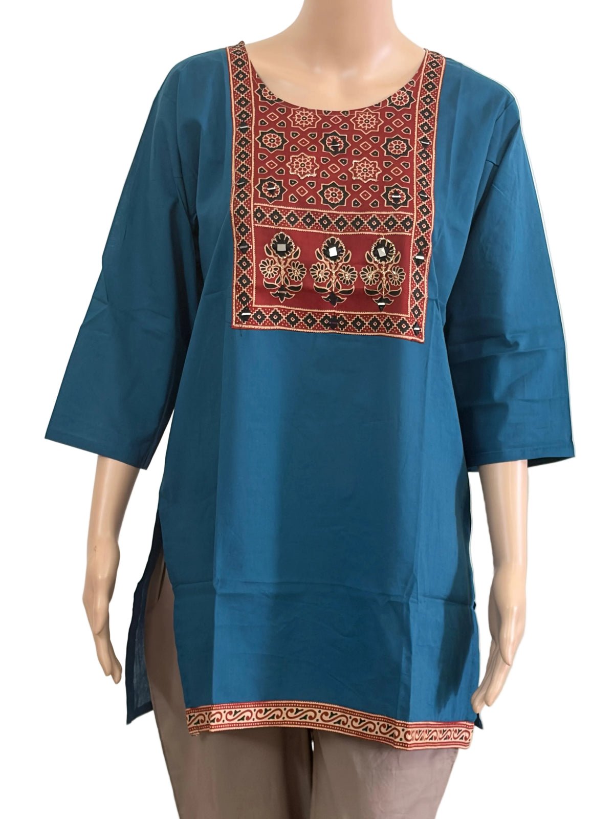 Women's Dabu Cotton Short Kurti | Peacock Blue star short top