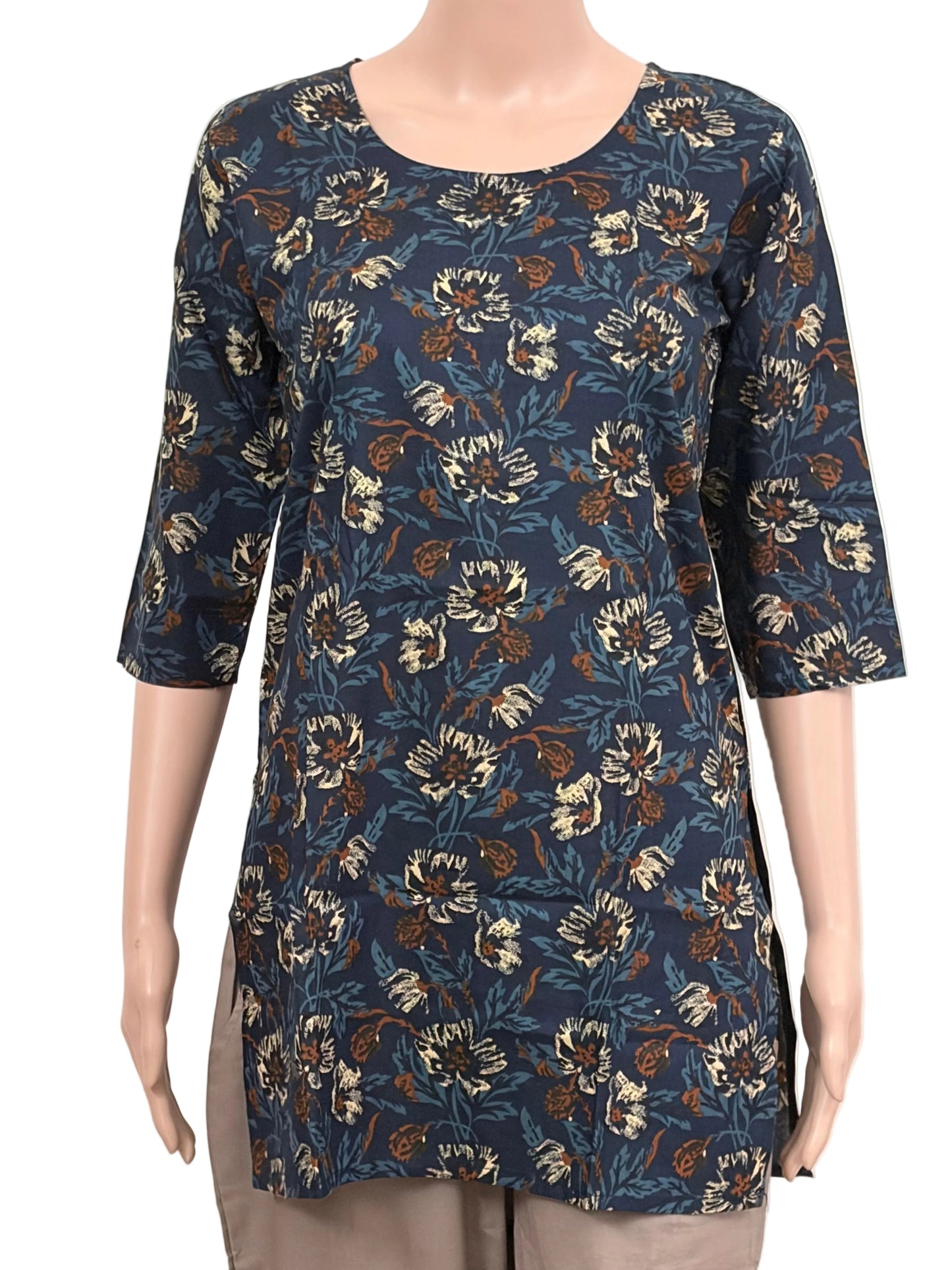 Women's Cotton Short Kurti | Florals in dark navy