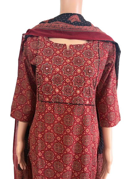 Women kurti with pant and dupatta | Straight cut | Maroon Ajrakh piping set l cottonlove
