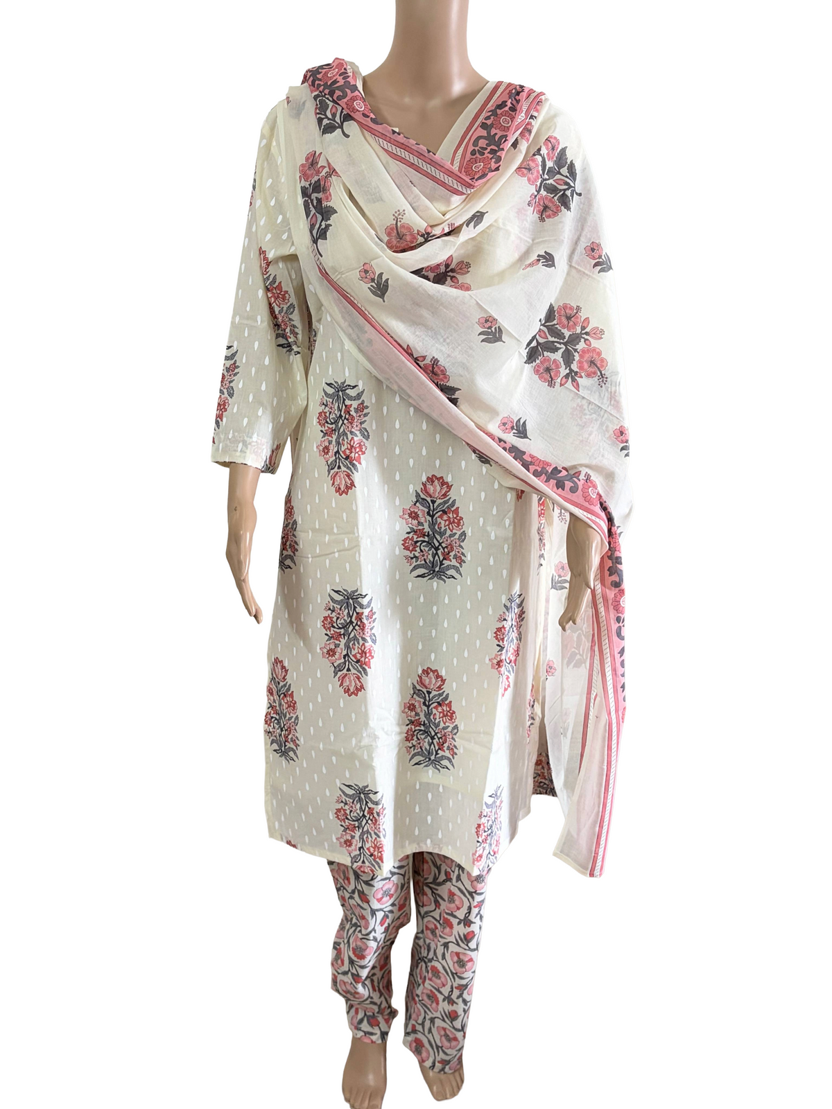 Women kurti with pant and dupatta | Off White floral prints kurti with Lining | Neck Pattern 2 | B4008