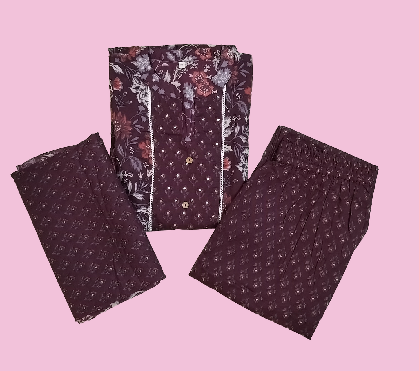 Women kurti with pant and dupatta | Straight cut | Dark wine Chinese collar set