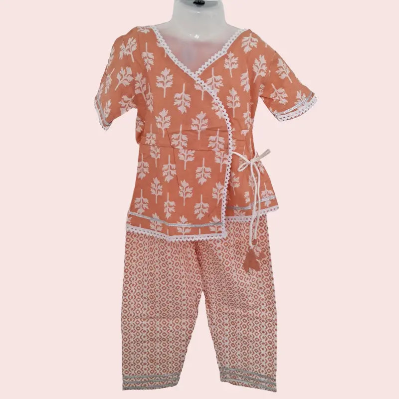 Girls Angrakha Sets| Light Brown Leafy