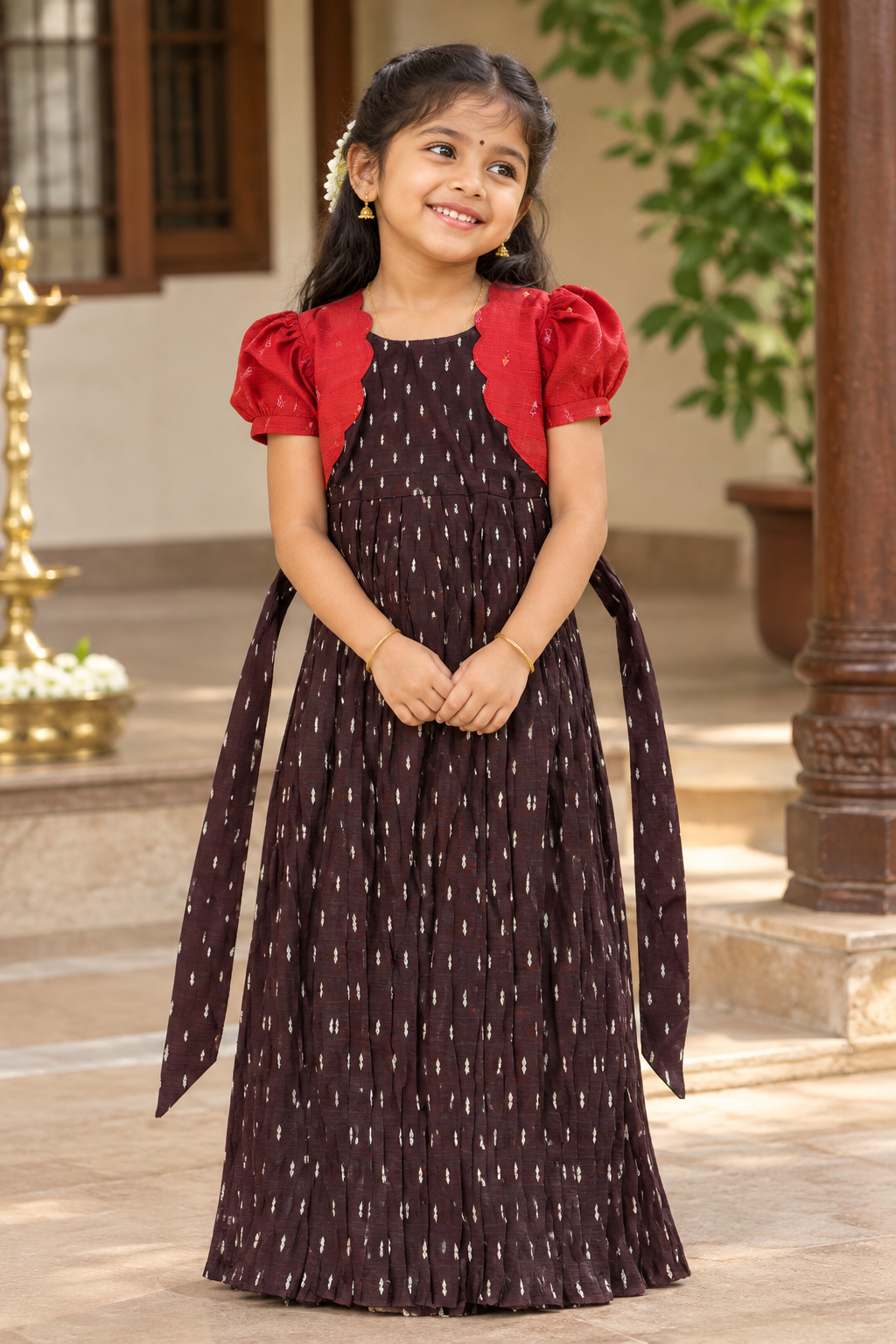 Girls Ethnic Raw silk slub Frock | Coffee brown with rust orange
