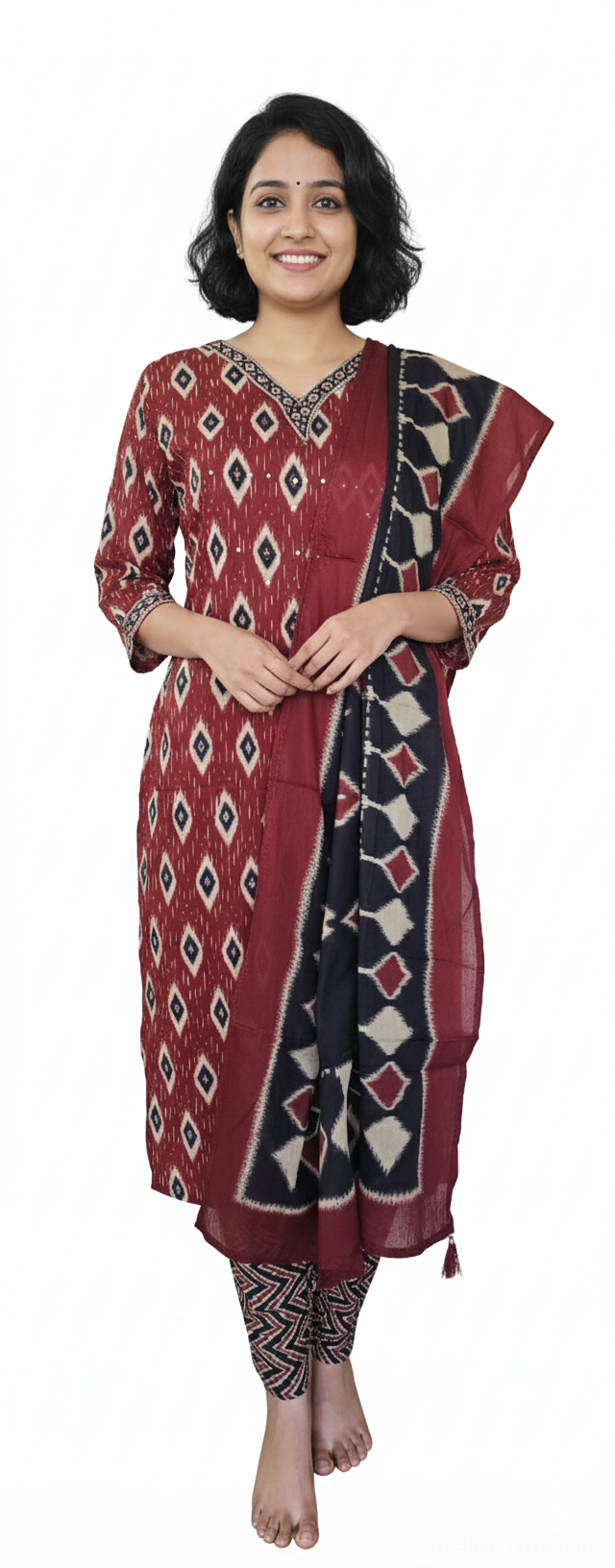 Women kurti with pant and dupatta | Straight cut | Maroon with black set