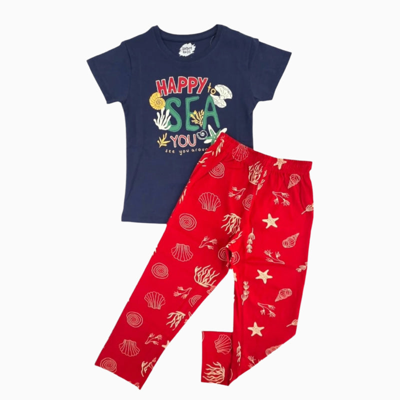Girls Premium Pant Set | Navy Happy sea