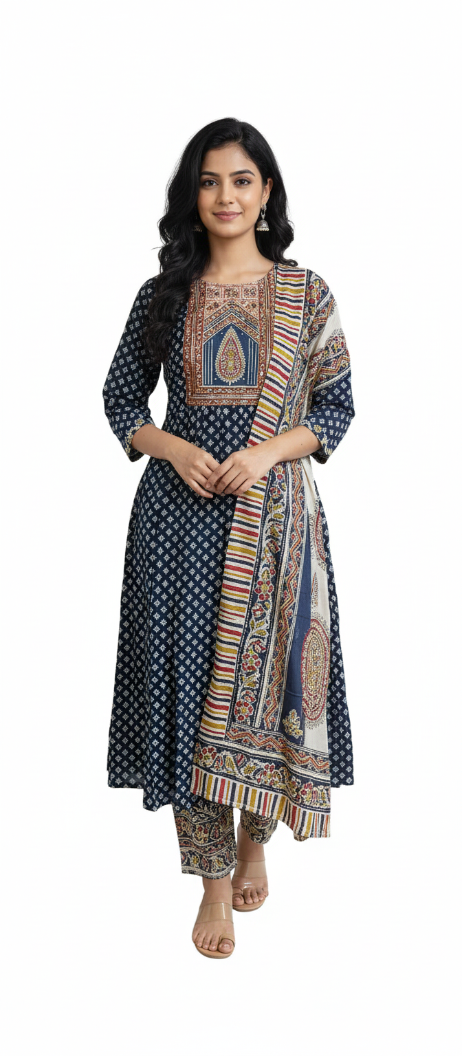 Women kurti with pant and dupatta | Anarkali cut | Navy blue anarkali with kalamkari works