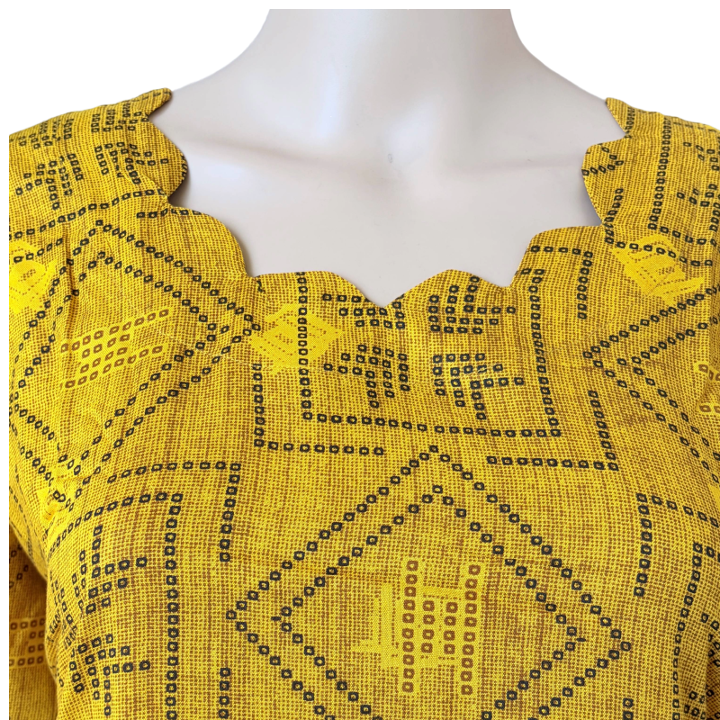 Women Kurti | Straight cut | Mustard yellow rayon kurti with scallop neck