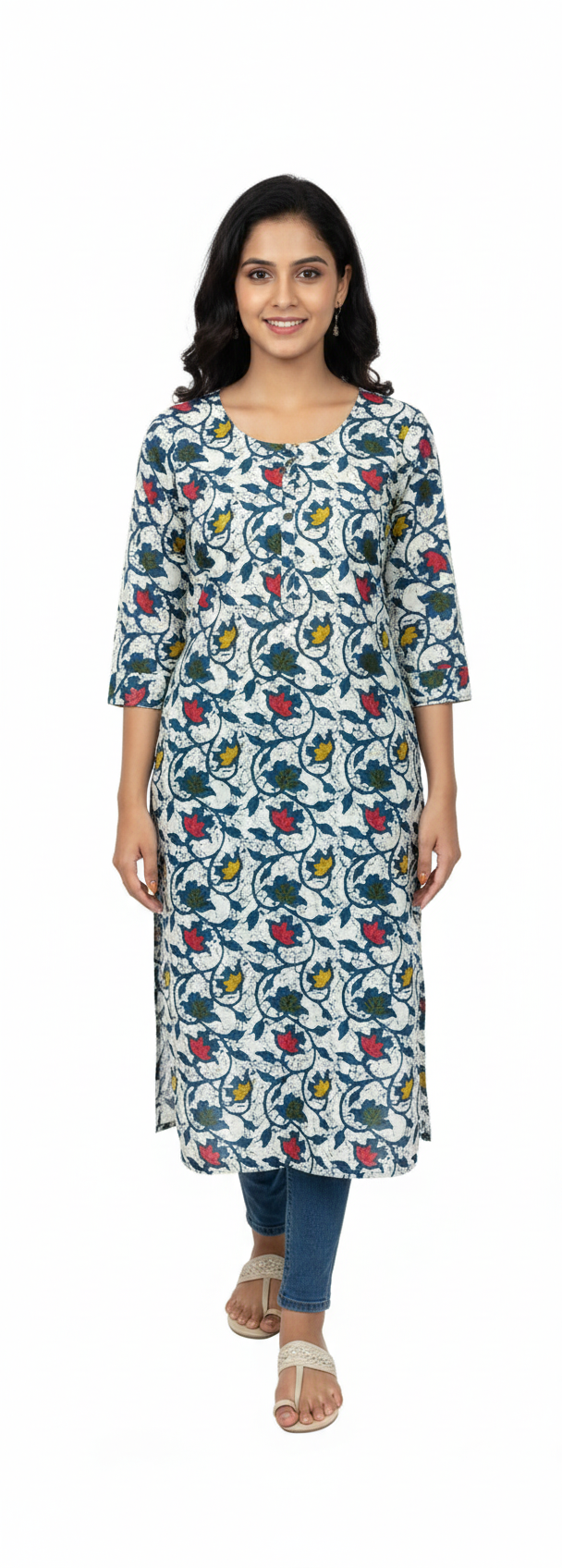 Women Kurti | Straight cut | Peacock blue with multicolor flowers