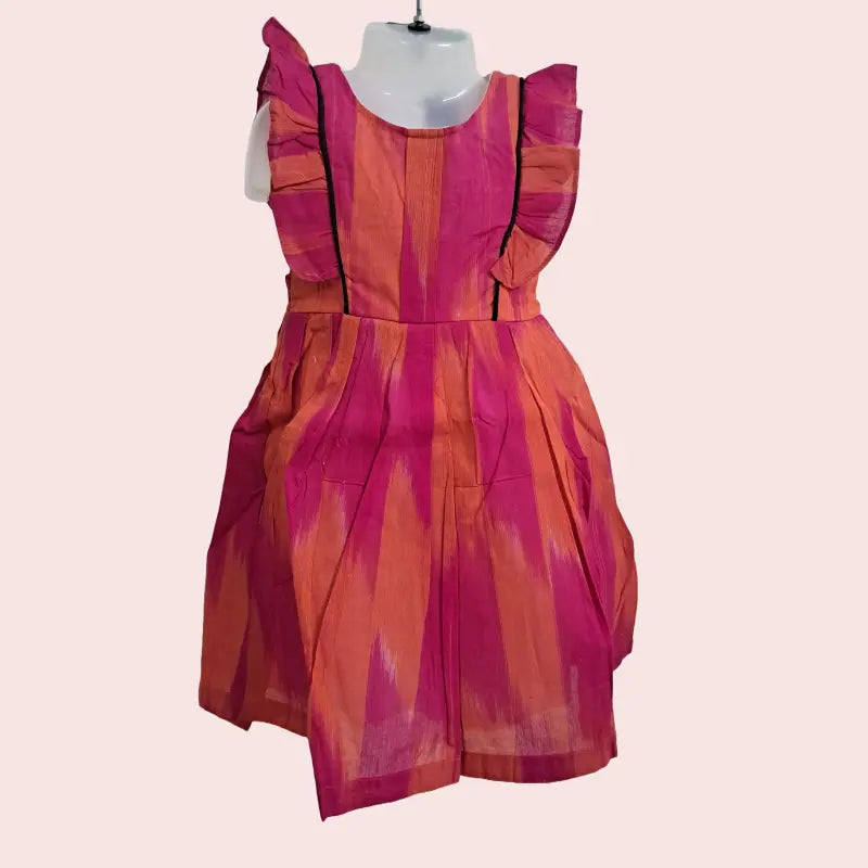 Cotton Ikkat Frocks | Pink with Orange and black piping