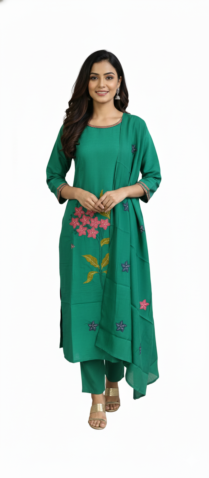 Women kurti with pant | Straight cut | Plain Silk Jacquard Embroidery work with lining
