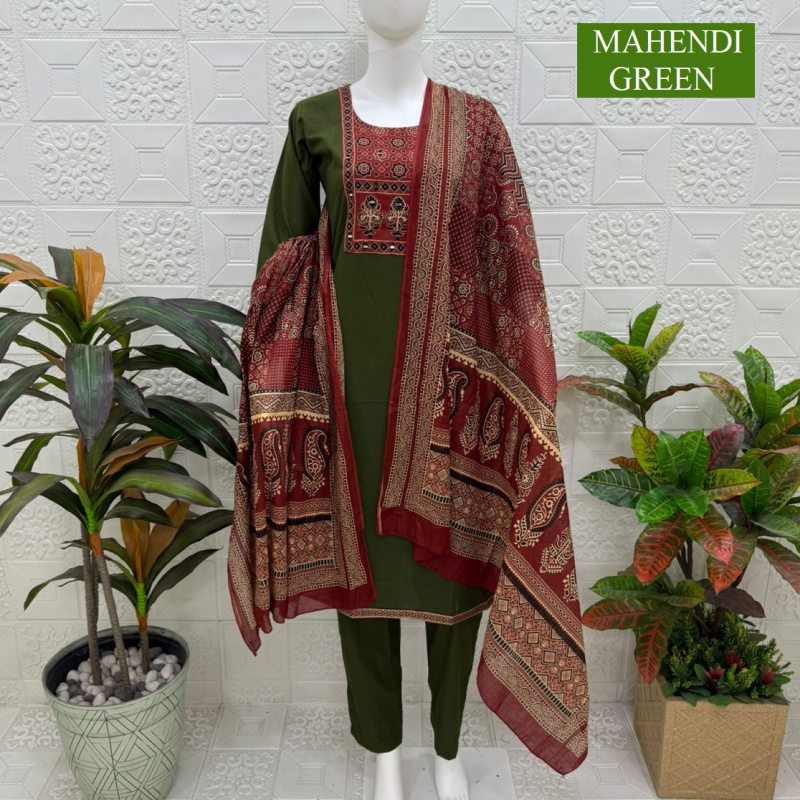 Women kurti with pant and dupatta | Mahendi green print sets | DABUSET