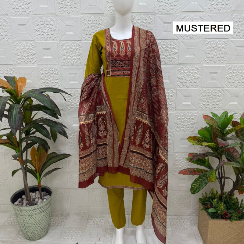 Women kurti with pant and dupatta | Mustered print sets | DABUSET