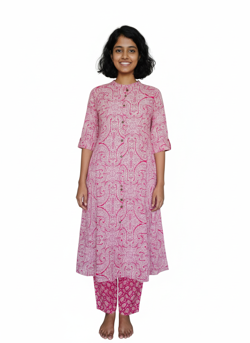 Women kurti with pant | A-line cut | Pink Floral top with Small Bhutta Pants