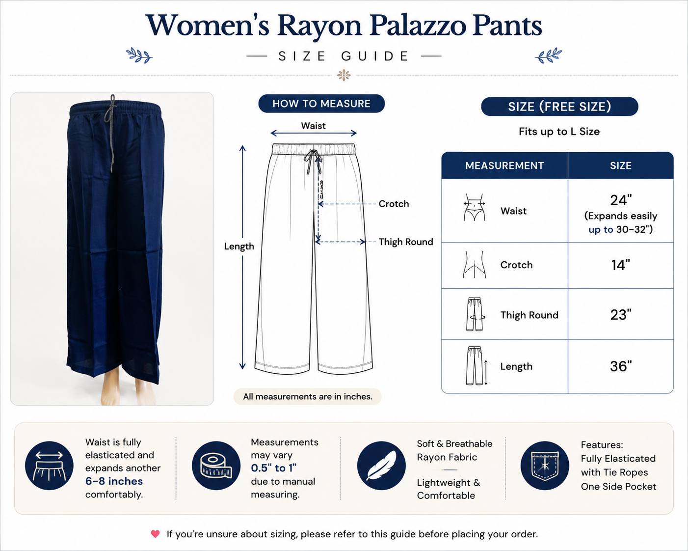 Women's Plain Rayon Palazzo Pants |Fits up to L – Navy Blue color