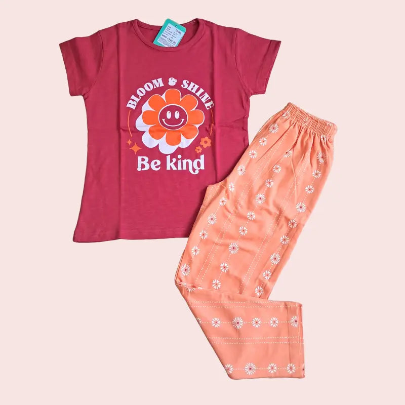 Girls Pant Set | Red maroon bloom shine