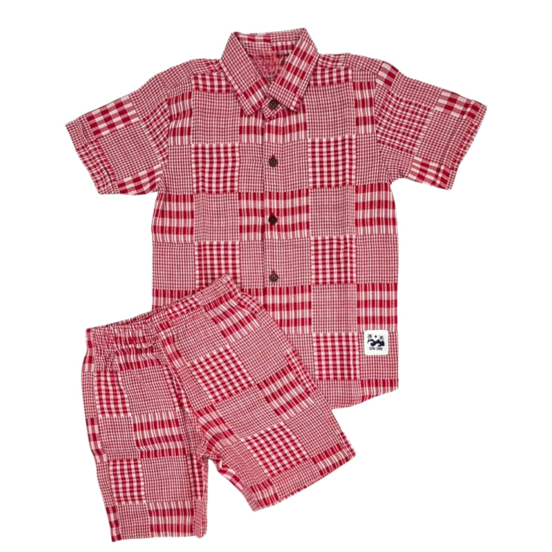 Woven shirt with shorts set| Red collared with checks