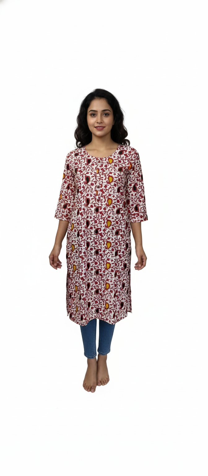 Women Kurti | Straight cut | Reddish maroon with multicolor flowers