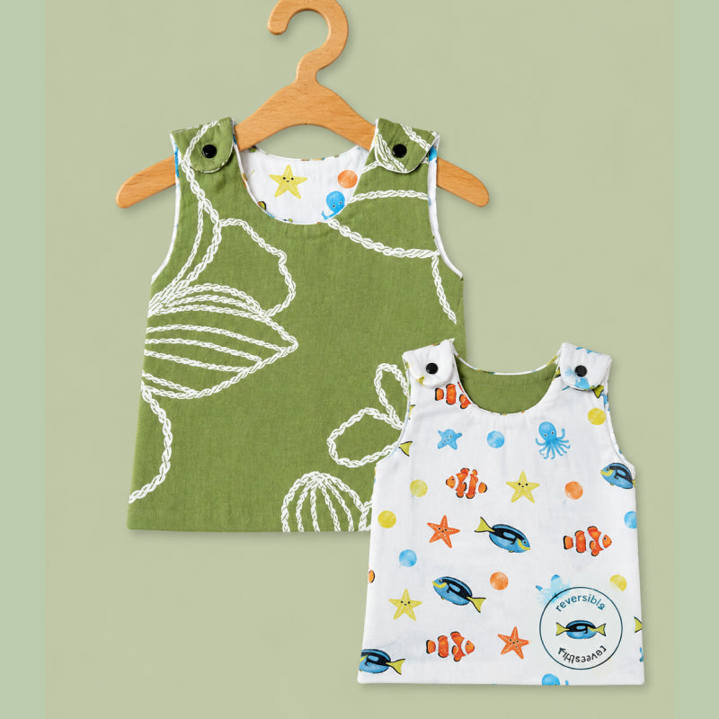 Baby Muslin reversible Shirt | Button Jabla | Green leaf outline