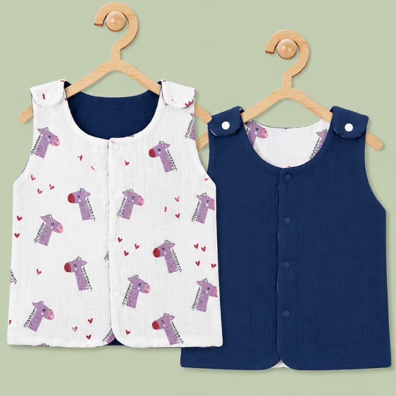 Baby Muslin reversible Shirt | Button Jabla | Giraffe in white & Royal Blue