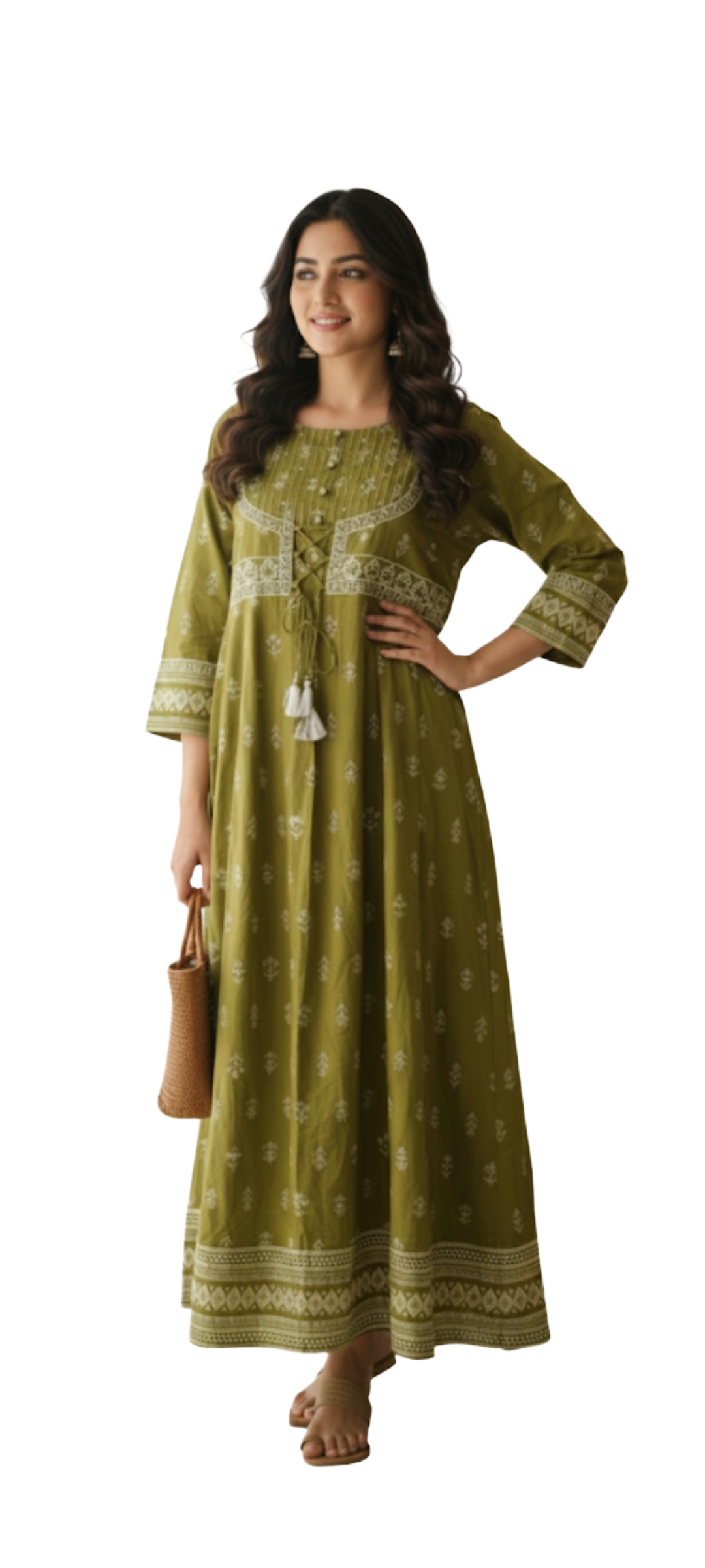 Women Anarkali | Green with tassels near yoke