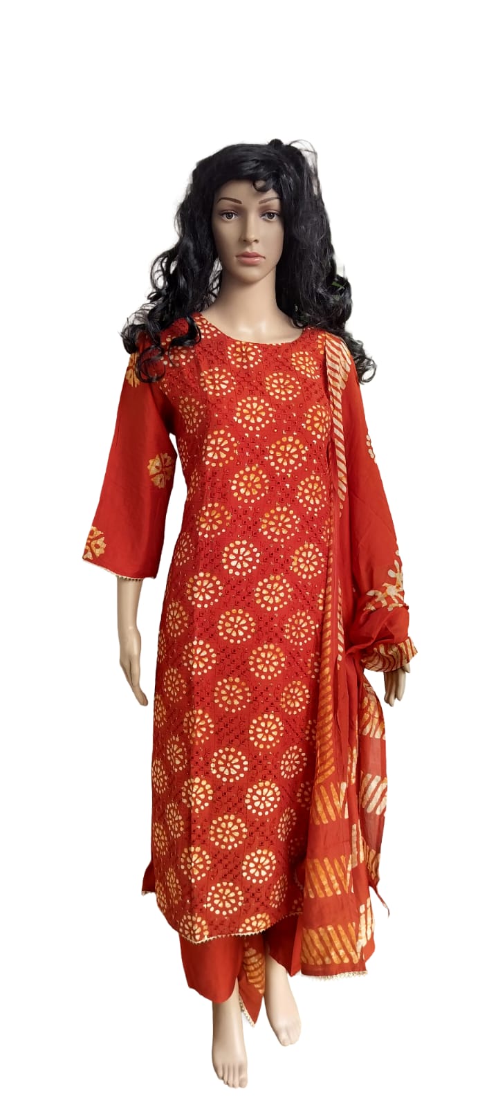 Women kurti with pant and dupatta | Straight cut | Silk Vax Batik Sequence work set