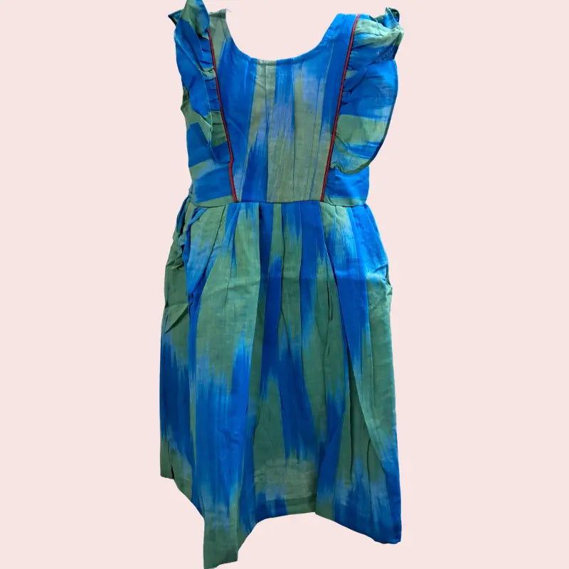 Cotton Ikkat Frocks | Sky blue with green and maroon piping