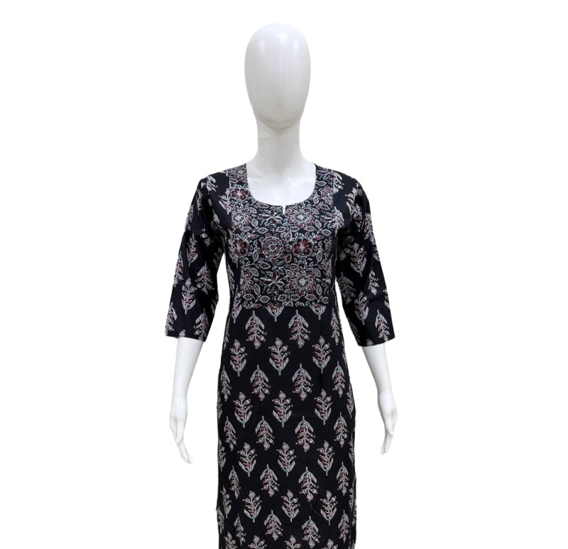 Women Kurti | Straight cut | Black with floral flower design