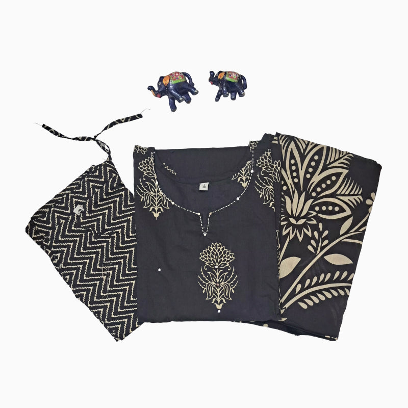Women kurti with pant and dupatta | Straight cut | Black with sandal floral print